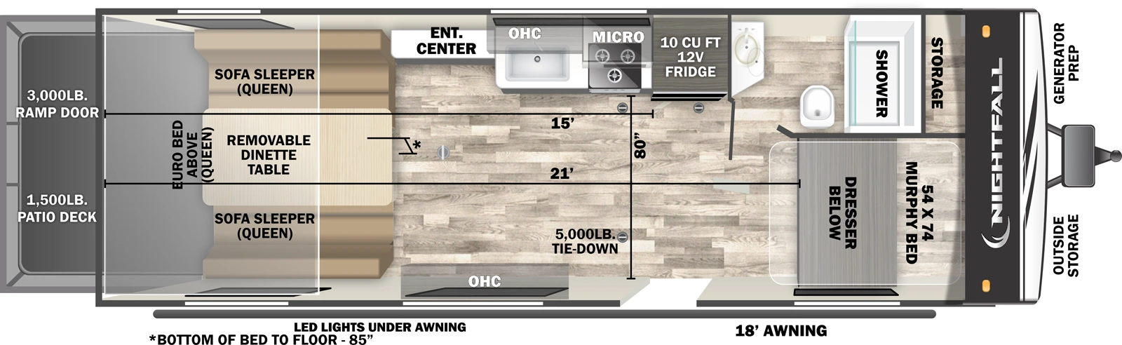 The Nightfall 22N floorplan is a toy hauler that has one entry and zero slide outs. Exterior features include: fiberglass exterior and 18' awning. Interiors features include: murphy bed.